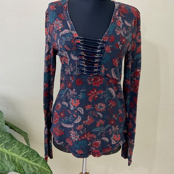 William Rast Blouse top Women's size L Lace-Up Henley Boho LS distressed raw hem - Picture 1 of 13